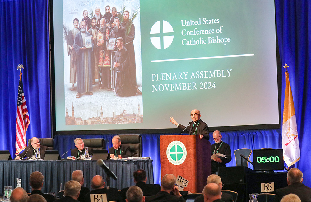 Bishop A. Elias Zaidan, chair of the U.S. bishops' Committee on International Justice and Peace, speaks about the upcoming 10-year anniversary of Pope Francis' encyclical "Laudato Si', on Care for Our Common Home" during a Nov. 13 session of the 2024 fall general assembly of the U.S. Conference of Catholic Bishops in Baltimore. (OSV News/Bob Roller)